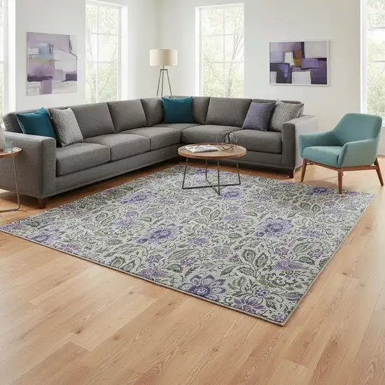 Olive Green And Purple Floral Washable Area Rug With UV Protection Photo 1