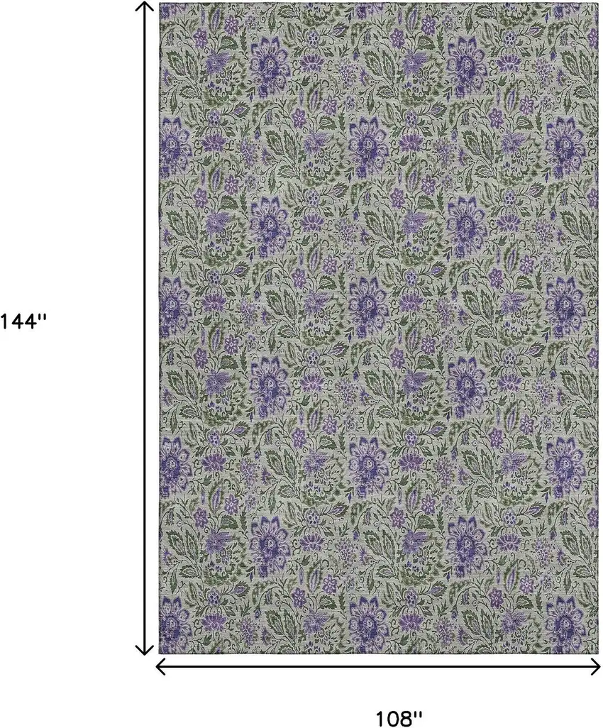 Olive Green And Purple Floral Washable Area Rug With UV Protection Photo 3