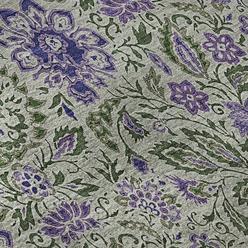 Olive Green And Purple Floral Washable Area Rug With UV Protection Photo 9