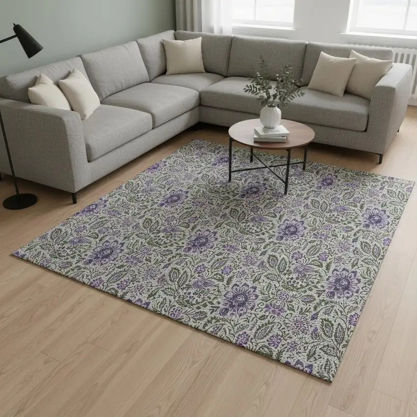 Olive Green And Purple Floral Washable Area Rug With UV Protection Photo 1