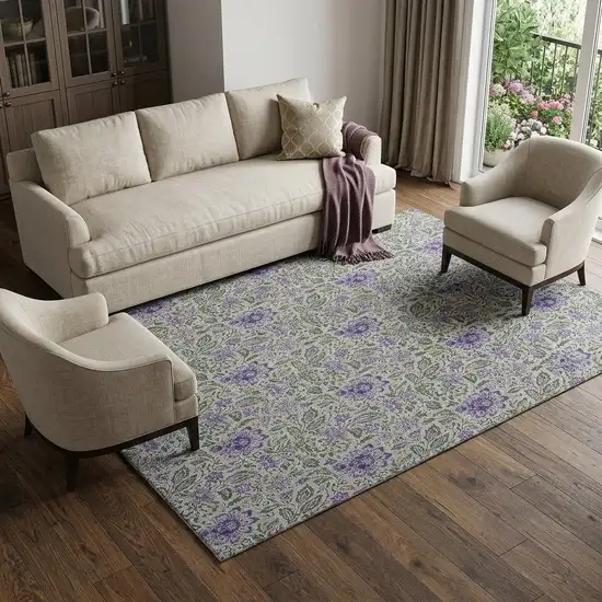 Olive Green And Purple Floral Washable Area Rug With UV Protection Photo 1
