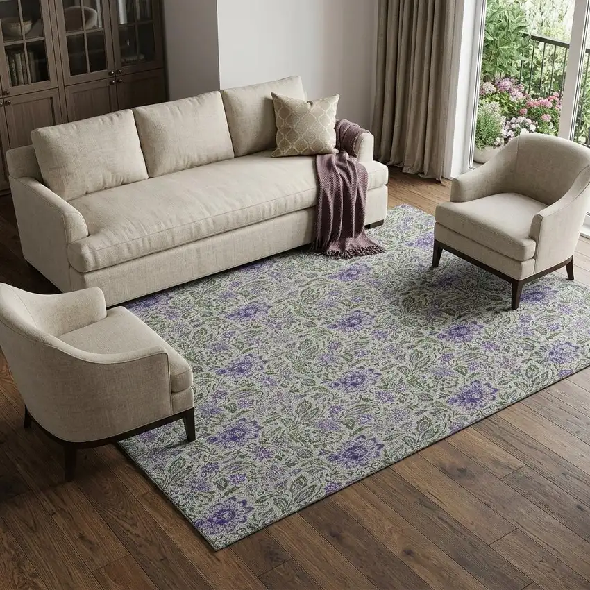 Olive Green And Purple Floral Washable Area Rug With UV Protection Photo 1