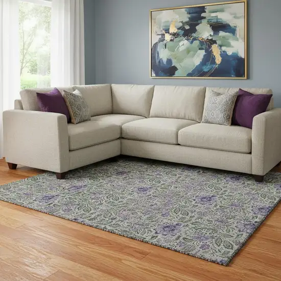 Olive Green And Purple Floral Washable Area Rug With UV Protection Photo 1