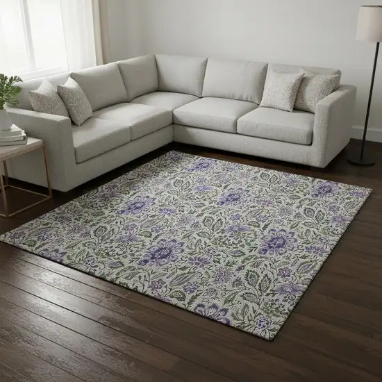 Olive Green And Purple Floral Washable Area Rug With UV Protection Photo 1
