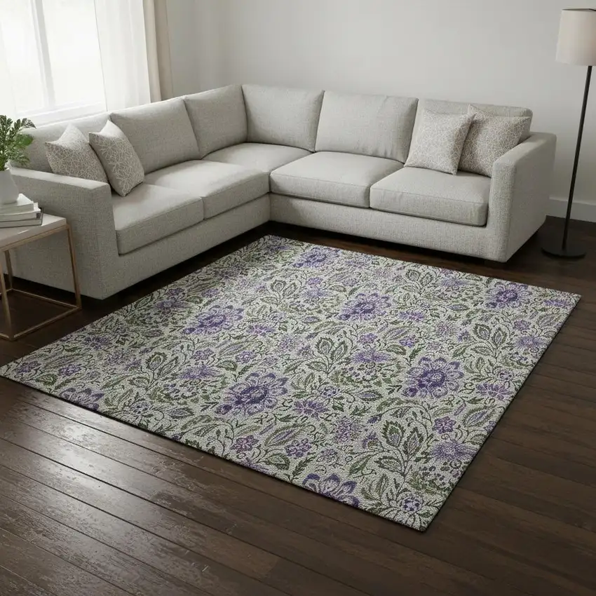 Olive Green And Purple Floral Washable Area Rug With UV Protection Photo 1