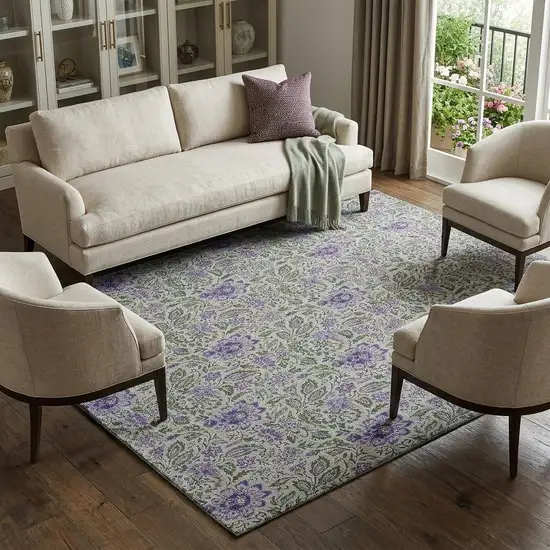 Olive Green And Purple Floral Washable Area Rug With UV Protection Photo 1