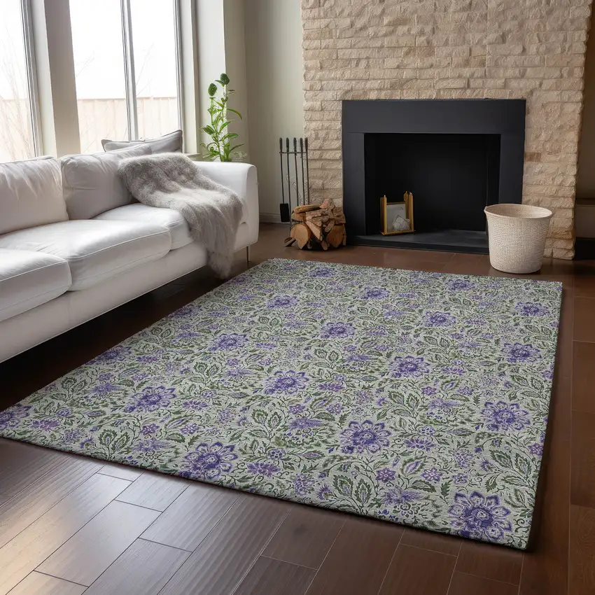 Olive Green And Purple Floral Washable Area Rug With UV Protection Photo 4