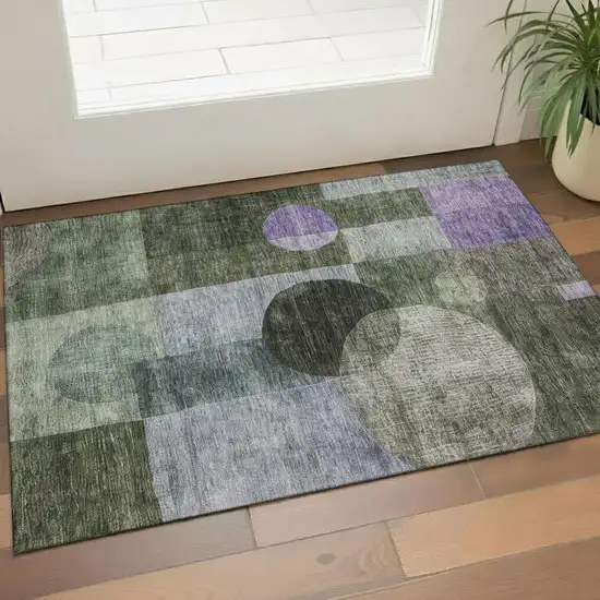 Olive Green And Purple Geometric Washable Area Rug With UV Protection Photo 2