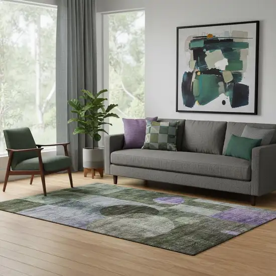 Olive Green And Purple Geometric Washable Area Rug With UV Protection Photo 2