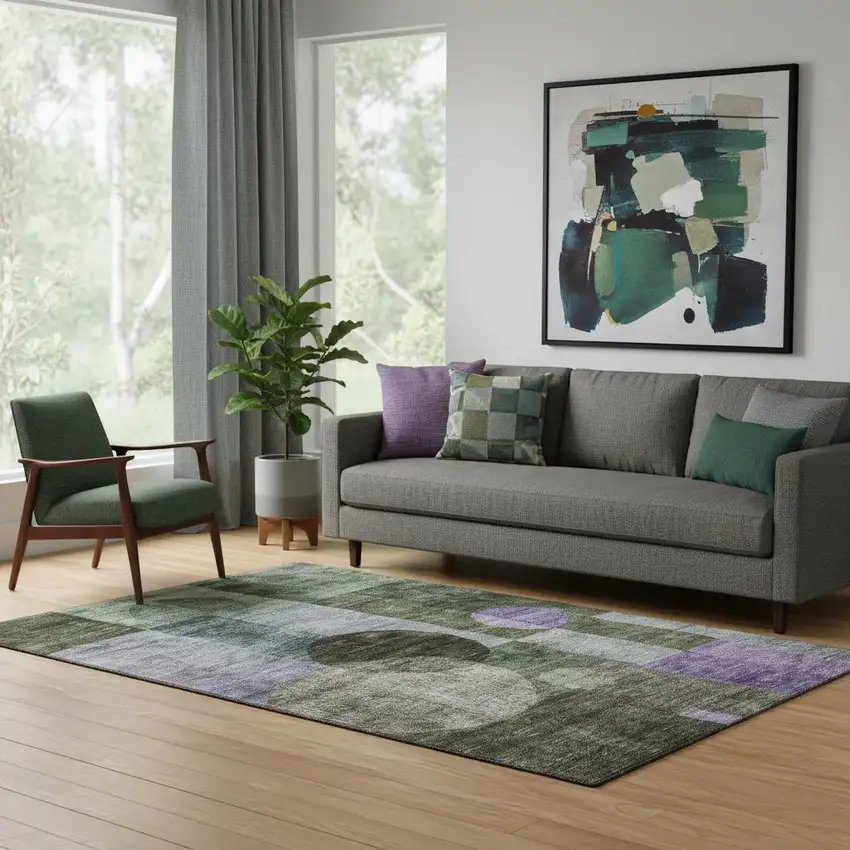 Olive Green And Purple Geometric Washable Area Rug With UV Protection Photo 2