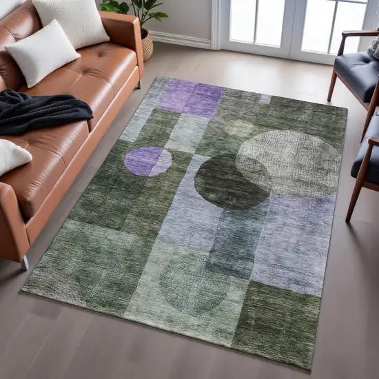 Olive Green And Purple Geometric Washable Area Rug With UV Protection Photo 4