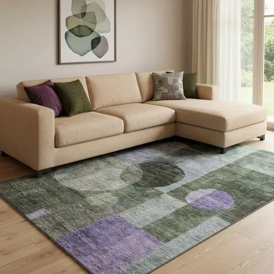 Olive Green And Purple Geometric Washable Area Rug With UV Protection Photo 2