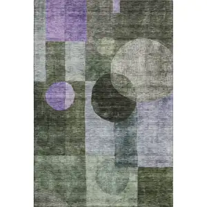 Photo of Olive Green And Purple Geometric Washable Area Rug With UV Protection