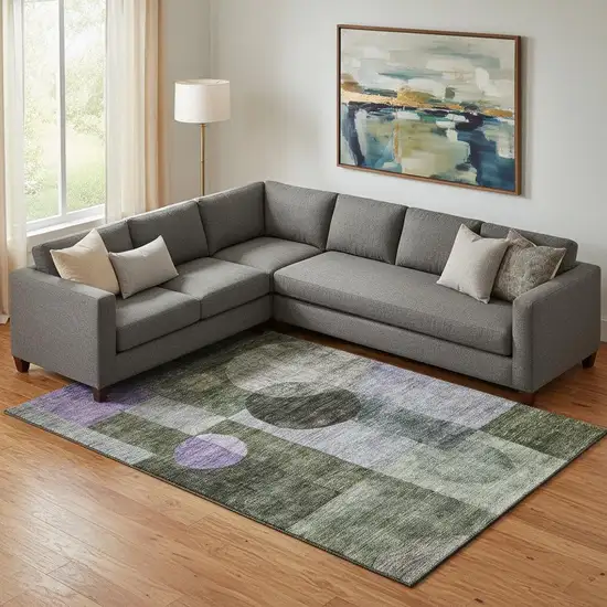 Olive Green And Purple Geometric Washable Area Rug With UV Protection Photo 2