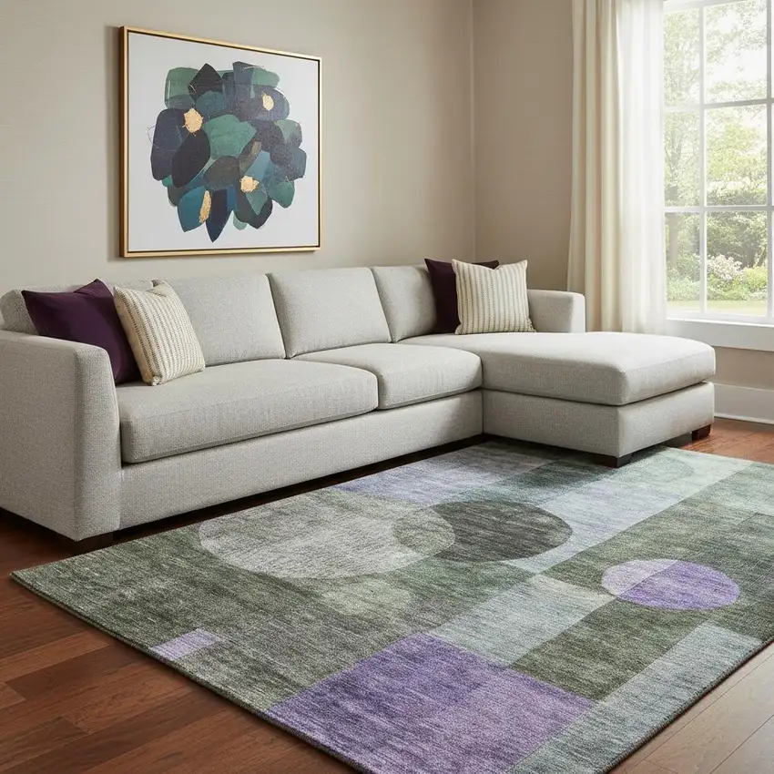 Olive Green And Purple Geometric Washable Area Rug With UV Protection Photo 2
