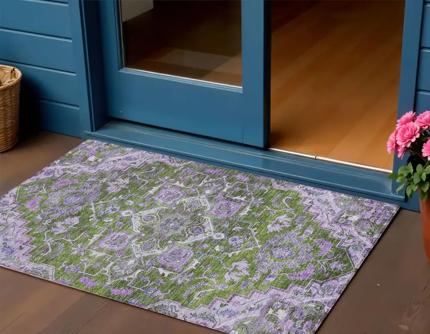 Olive Green And Purple Oriental Washable Indoor Outdoor Area Rug Photo 1