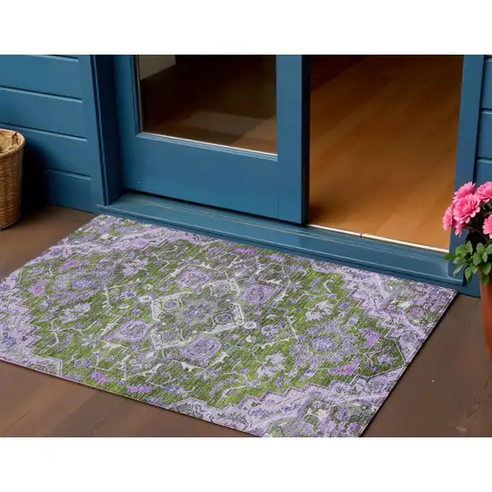 Olive Green And Purple Oriental Washable Indoor Outdoor Area Rug Photo 1