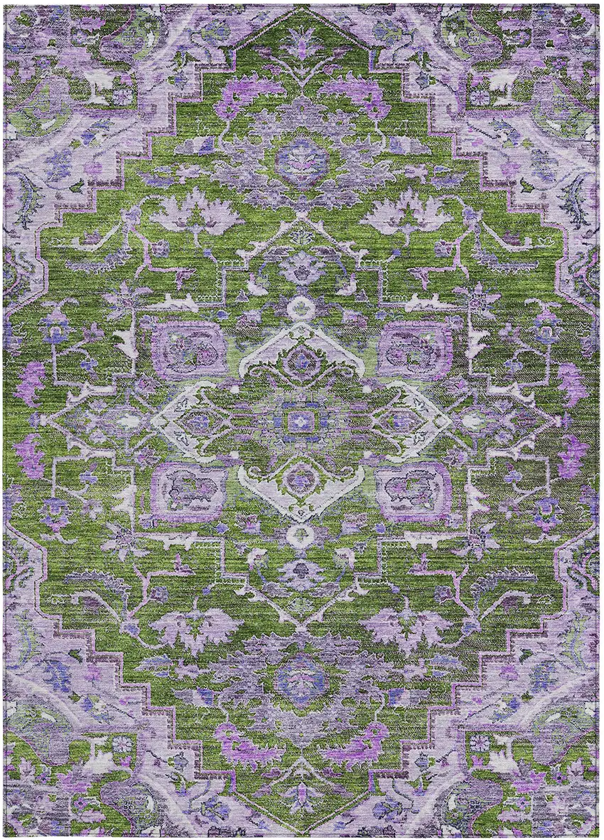 Olive Green And Purple Oriental Washable Indoor Outdoor Area Rug Photo 6