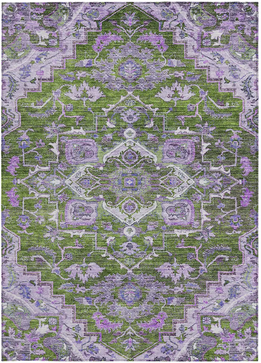 Olive Green And Purple Oriental Washable Indoor Outdoor Area Rug Photo 6