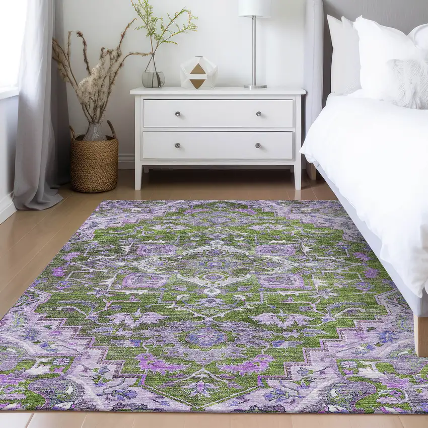 Olive Green And Purple Oriental Washable Indoor Outdoor Area Rug Photo 8
