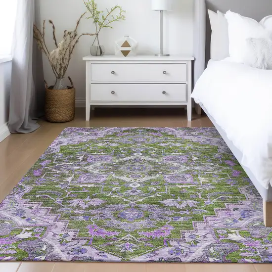 Olive Green And Purple Oriental Washable Indoor Outdoor Area Rug Photo 8