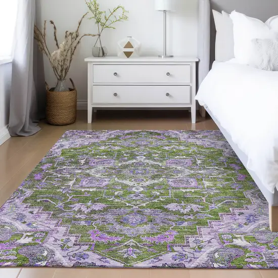 Olive Green And Purple Oriental Washable Indoor Outdoor Area Rug Photo 8