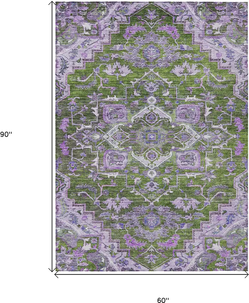 Olive Green And Purple Oriental Washable Indoor Outdoor Area Rug Photo 3