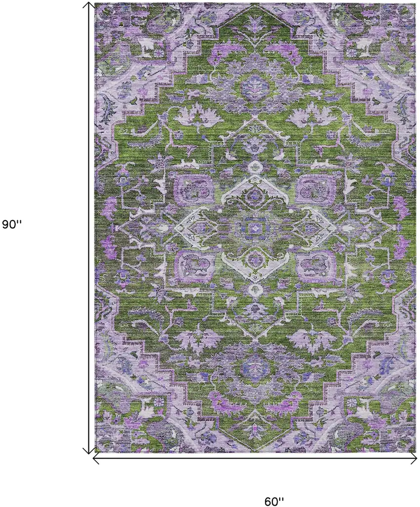Olive Green And Purple Oriental Washable Indoor Outdoor Area Rug Photo 3