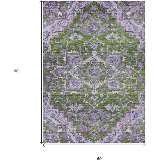 Olive Green And Purple Oriental Washable Indoor Outdoor Area Rug Photo 3