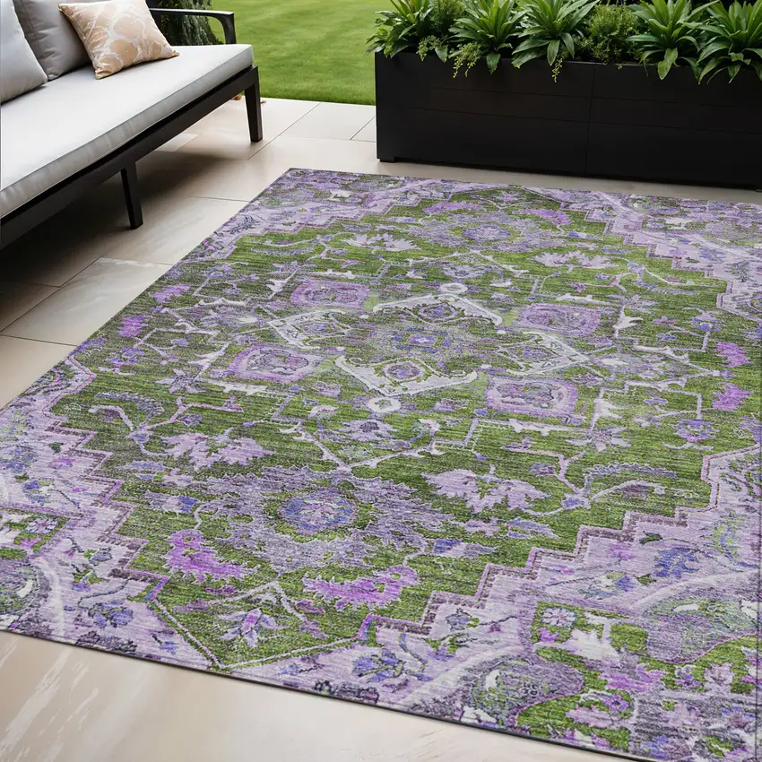 Olive Green And Purple Oriental Washable Indoor Outdoor Area Rug Photo 1
