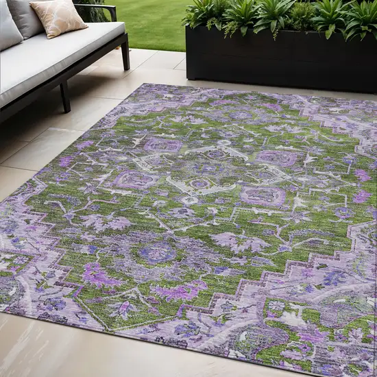 Olive Green And Purple Oriental Washable Indoor Outdoor Area Rug Photo 1