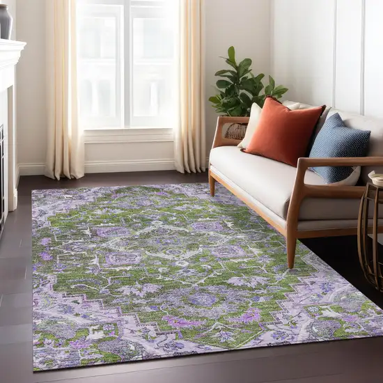 Olive Green And Purple Oriental Washable Indoor Outdoor Area Rug Photo 9