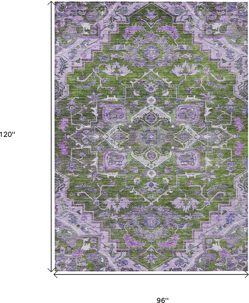 Olive Green And Purple Oriental Washable Indoor Outdoor Area Rug Photo 3