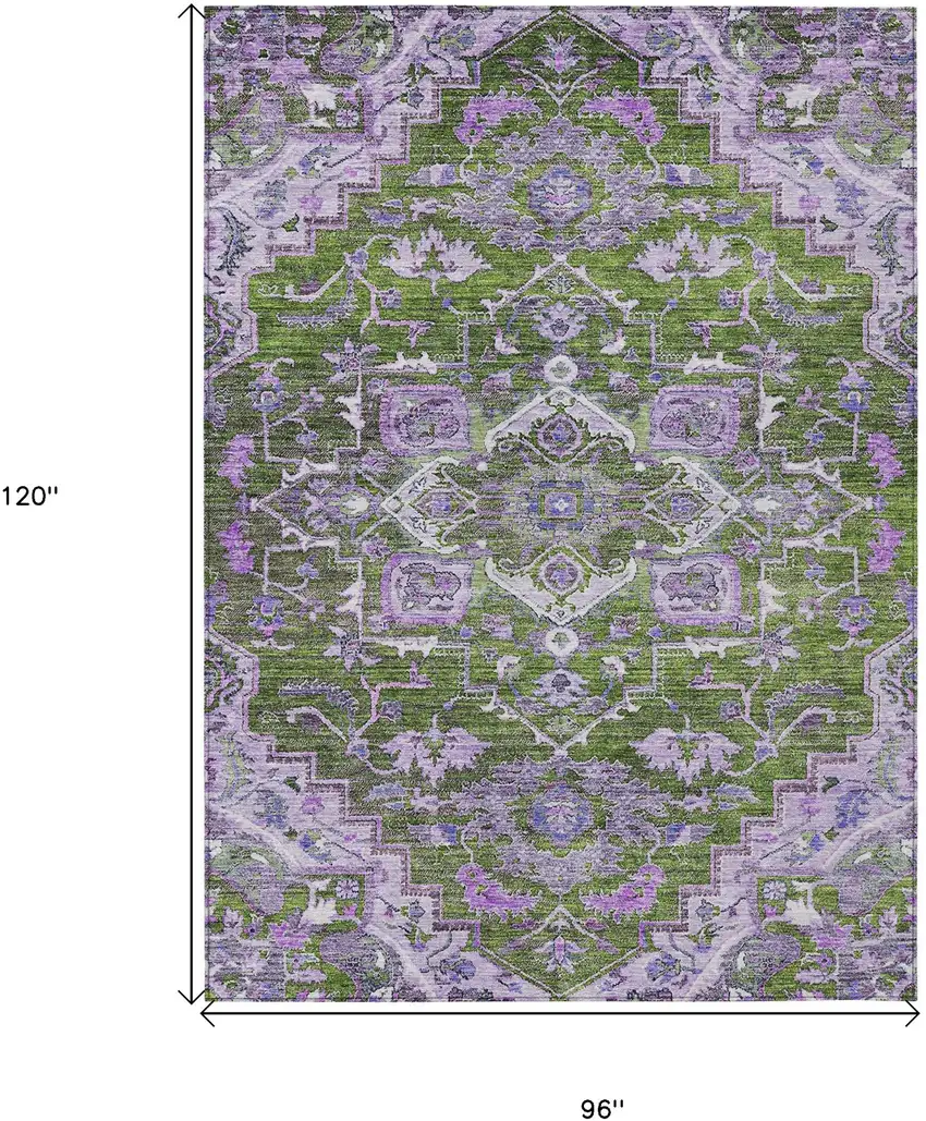 Olive Green And Purple Oriental Washable Indoor Outdoor Area Rug Photo 3