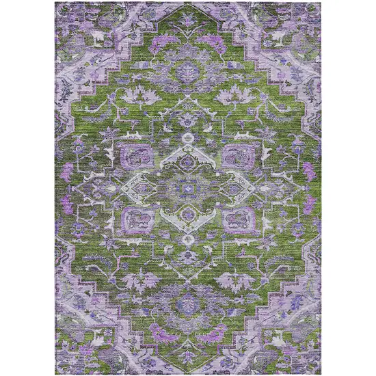 Olive Green And Purple Oriental Washable Indoor Outdoor Area Rug Photo 2