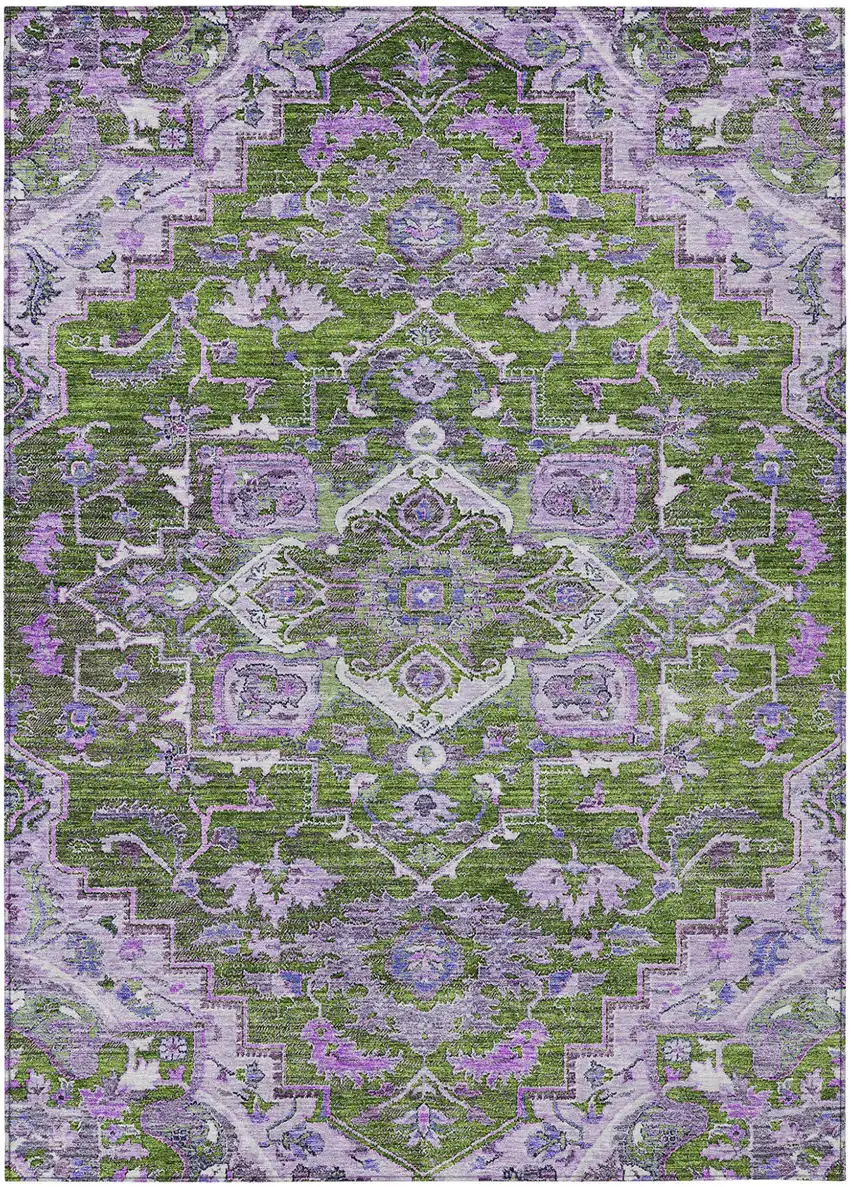 Olive Green And Purple Oriental Washable Indoor Outdoor Area Rug Photo 2