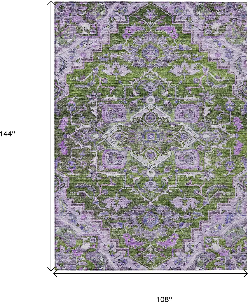 Olive Green And Purple Oriental Washable Indoor Outdoor Area Rug Photo 3
