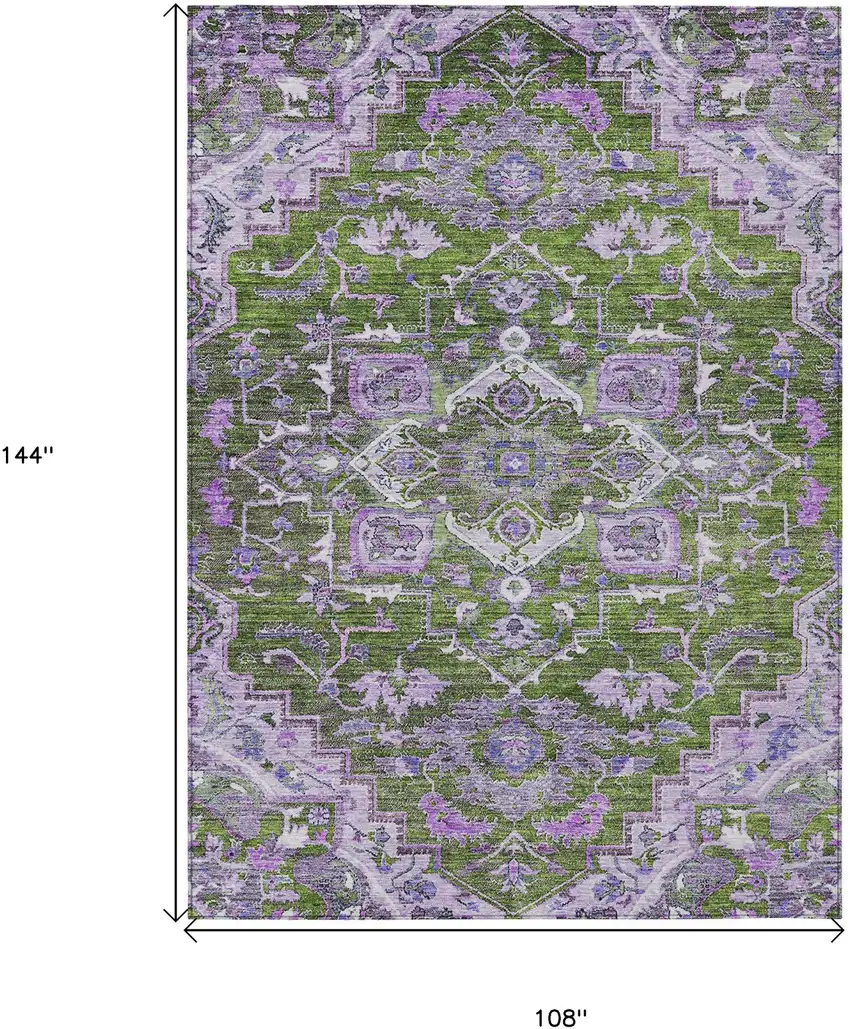 Olive Green And Purple Oriental Washable Indoor Outdoor Area Rug Photo 3