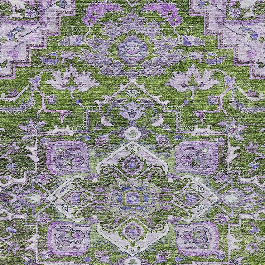 Olive Green And Purple Oriental Washable Indoor Outdoor Area Rug Photo 6