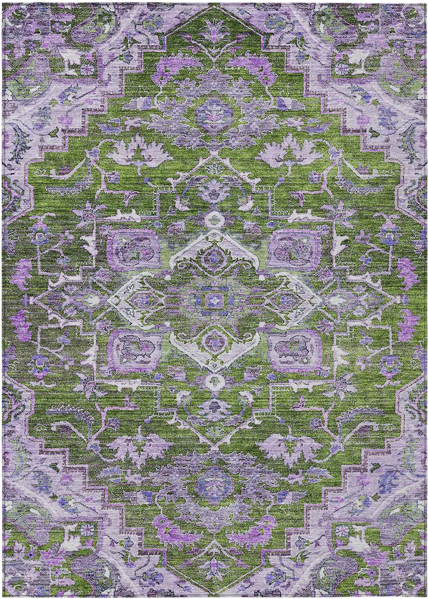 Olive Green And Purple Oriental Washable Indoor Outdoor Area Rug Photo 2