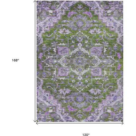 Olive Green And Purple Oriental Washable Indoor Outdoor Area Rug Photo 3