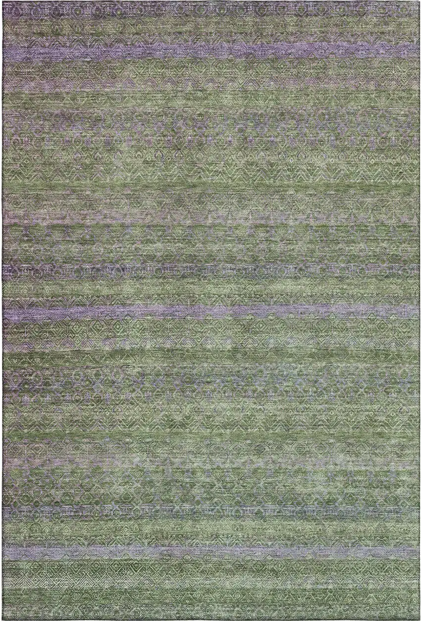 Olive Green And Purple Striped Washable Area Rug With UV Protection Photo 1