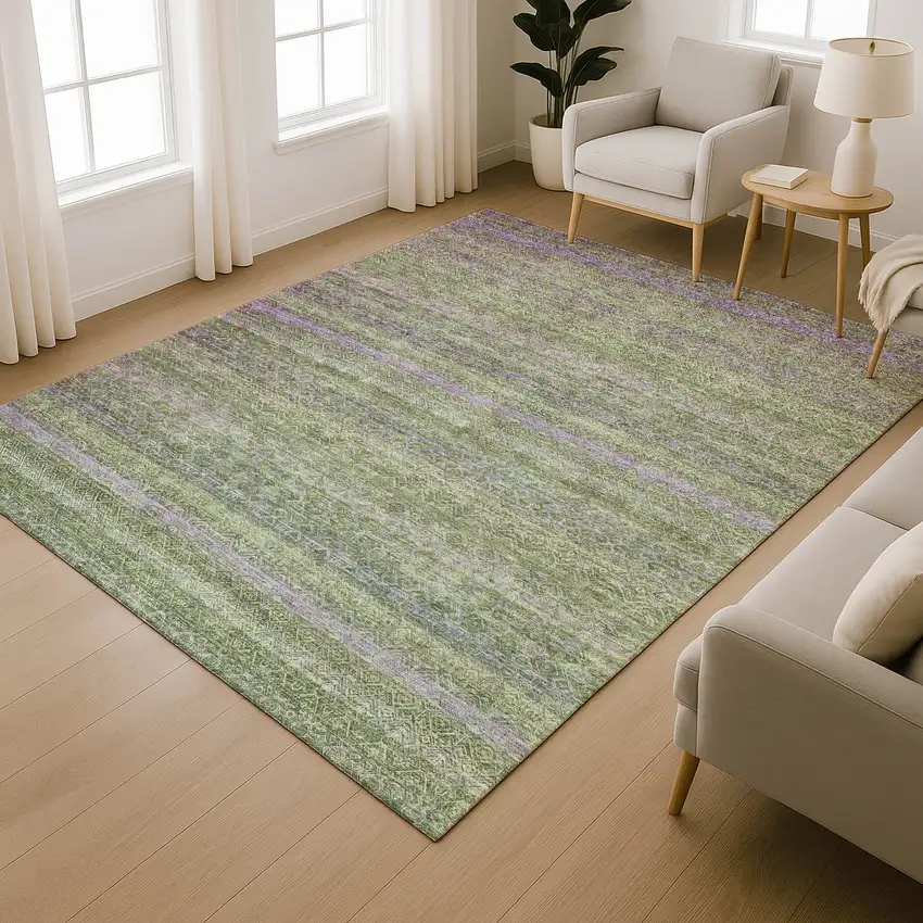 Olive Green And Purple Striped Washable Area Rug With UV Protection Photo 6
