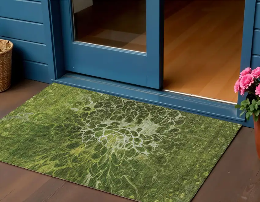 Olive Green And Sage Abstract Washable Indoor Outdoor Area Rug Photo 1