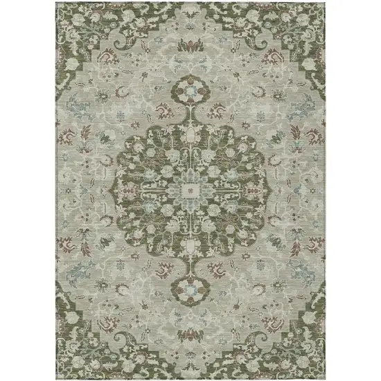 Olive Green And Sage Floral Medallion Washable Indoor Outdoor Area Rug Photo 1