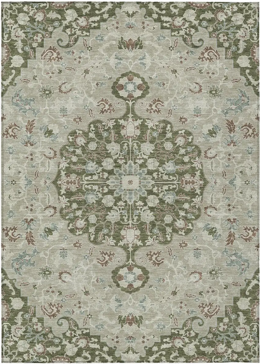Olive Green And Sage Floral Medallion Washable Indoor Outdoor Area Rug Photo 1