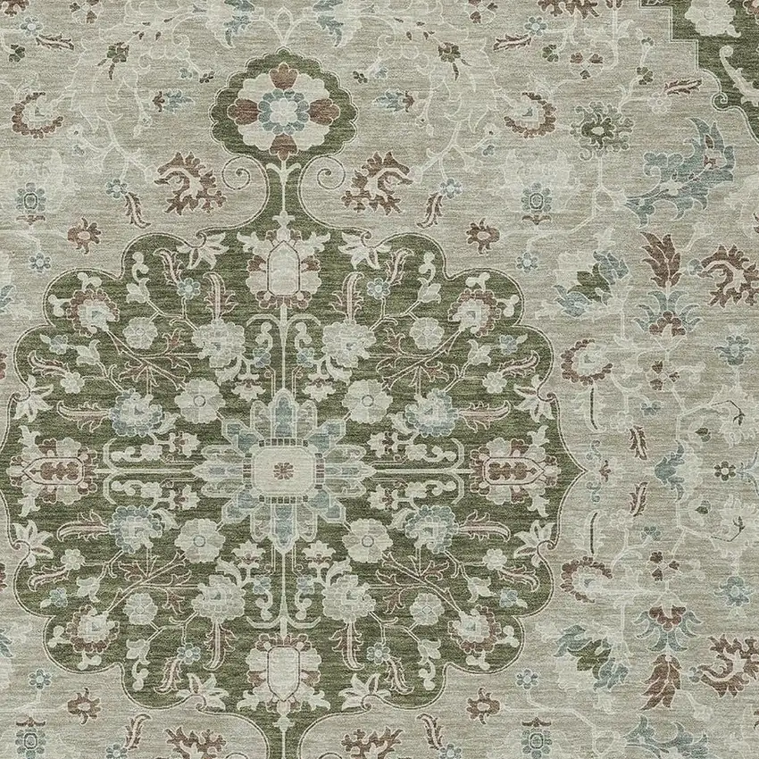 Olive Green And Sage Floral Medallion Washable Indoor Outdoor Area Rug Photo 2
