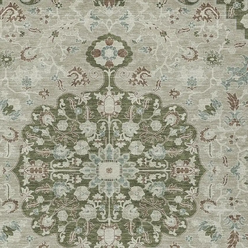 Olive Green And Sage Floral Medallion Washable Indoor Outdoor Area Rug Photo 2