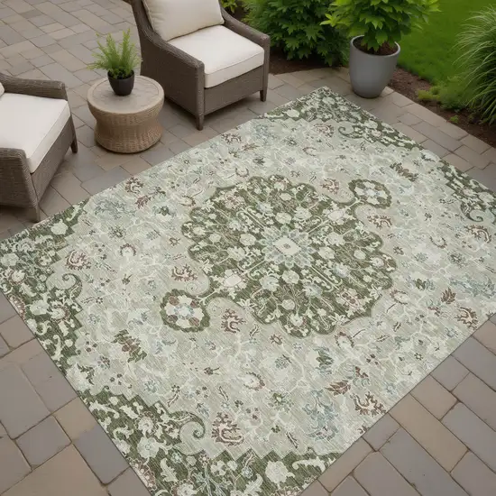 Olive Green And Sage Floral Medallion Washable Indoor Outdoor Area Rug Photo 7