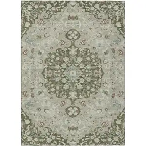 Photo of Olive Green And Sage Floral Medallion Washable Indoor Outdoor Area Rug